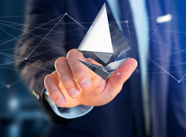 View of a Businessman holding a Ethereum crypto currency sign flying around a network connection - 3d render