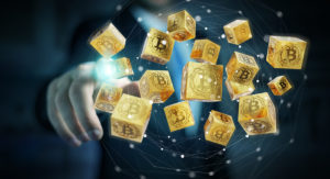 Businessman on blurred background using bitcoins cryptocurrency 3D rendering